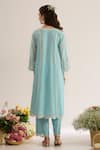 Shop_saina kapoor_Blue Chanderi, Organza Embroidery Split V-neck Powder Kurta Set _at_Aza_Fashions