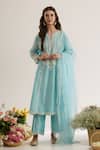 Buy_saina kapoor_Blue Chanderi, Organza Embroidery Split V-neck Powder Kurta Set _at_Aza_Fashions