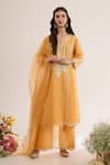 Buy_saina kapoor_Peach Chanderi, Organza Embroidery Split V-neck Orange Kurta Pant Set _at_Aza_Fashions