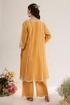 saina kapoor_Peach Chanderi, Organza Embroidery Split V-neck Orange Kurta Pant Set _Online_at_Aza_Fashions