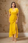 Buy_Samyukta Singhania_Mustard Georgette V-neck Yellow Midi Dress _at_Aza_Fashions