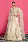 Buy_Priyanka Jain_Ivory Cotton, Chanderi, Net Pearls, Sequins, Embroidery Empress Anarkali Set _at_Aza_Fashions
