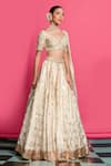 Priyanka Jain_Gold Cotton, Chanderi, Silk, Denim, Net Sequins, Pearls, Bloom Lehenga Set _Online_at_Aza_Fashions