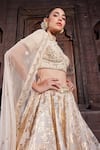 Priyanka Jain_Gold Cotton, Chanderi, Silk, Denim, Net Sequins, Pearls, Bloom Lehenga Set _at_Aza_Fashions