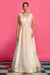 Buy_Priyanka Jain_Peach Cotton, Chanderi Sequins, Pearls V-neck Ombre Layered Anarkali Set _Online_at_Aza_Fashions
