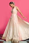 Shop_Priyanka Jain_Peach Cotton, Chanderi Sequins, Pearls V-neck Ombre Layered Anarkali Set _Online_at_Aza_Fashions