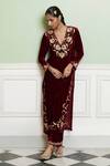 Devnaagri_Maroon Velvet Embroidery V-neck Zardozi Kurta Set _at_Aza_Fashions