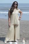 Buy_Gothilo_Brown Linen Mandarin Collar Biscoff Top And Palazzo Set _at_Aza_Fashions