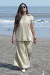 Gothilo_Brown Linen Mandarin Collar Biscoff Top And Palazzo Set _Online_at_Aza_Fashions