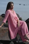 Shop_Gothilo_Pink Linen Collared Salmon High-low Kurta And Palazzo Set _Online_at_Aza_Fashions