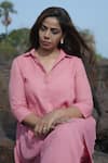 Gothilo_Pink Linen Collared Salmon High-low Kurta And Palazzo Set _at_Aza_Fashions