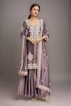 Buy_Samyukta Singhania_Purple Tissue, Organza Embroidery Round Neck Thread Kurta Sharara Set_at_Aza_Fashions