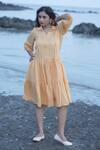 Gothilo_Peach Linen Collared Pleated Dress _at_Aza_Fashions