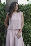 Gothilo_Pink Linen Round Neck Flamingo Top And Culotte Set _at_Aza_Fashions