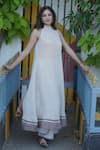 Gothilo_Beige Linen Halter Neck Natural Flared Kurta And Palazzo Set _Online_at_Aza_Fashions