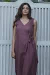 Gothilo_Purple Linen V-neck Plum Overlap Jumpsuit _Online_at_Aza_Fashions