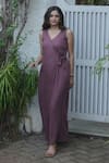 Shop_Gothilo_Purple Linen V-neck Plum Overlap Jumpsuit _at_Aza_Fashions