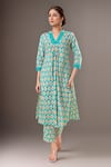 Buy_Samyukta Singhania_Green Cotton Split V-neck Printed Kurta And Pant Set _at_Aza_Fashions