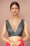 Buy_Samyukta Singhania_Black Georgette Sequins Plunge Neck Blouse _at_Aza_Fashions