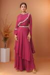 Buy_Samyukta Singhania_Magenta Chiffon Embroidery, Sequins High Neck Border Tunic And Skirt Set_at_Aza_Fashions