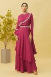 Shop_Samyukta Singhania_Magenta Chiffon Embroidery, Sequins High Neck Border Tunic And Skirt Set