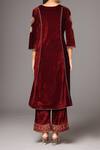 Shop_Samyukta Singhania_Maroon Velvet Embroidery Round Neck Floral Kurta And Palazzo Set _at_Aza_Fashions