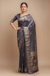 Buy_Samyukta Singhania_Grey Silk, Tussar Embroidery V-neck Blossom Woven Saree With Blouse _at_Aza_Fashions