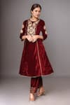 Buy_Samyukta Singhania_Maroon Velvet Embroidery Round Neck Kurta And Palazzo Set _at_Aza_Fashions