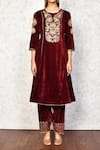 Buy_Samyukta Singhania_Maroon Velvet Embroidery Round Neck Kurta And Palazzo Set _Online_at_Aza_Fashions