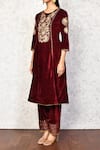 Samyukta Singhania_Maroon Velvet Embroidery Round Neck Kurta And Palazzo Set _at_Aza_Fashions