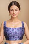 Buy_Samyukta Singhania_Blue Satin Square Neck Floral Paisley Print Saree With Blouse _Online_at_Aza_Fashions