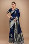 Buy_Samyukta Singhania_Blue Georgette Zari V-neck Floral Jaal Woven Saree With Blouse _at_Aza_Fashions