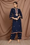 Buy_Samyukta Singhania_Blue Rayon Embroidery Mandarin Collar Buttercup Flora Kurta With Pant _at_Aza_Fashions