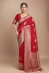 Buy Samyukta Singhania Red Georgette Zari, Embroidery V-neck Jaal Woven Saree With Blouse at Aza Fashions Buy_Samyukta Singhania_Red Georgette Zari, Embroidery V-neck Jaal Woven Saree With Blouse_at_Aza_Fashions