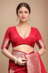 Buy Samyukta Singhania Red Georgette Zari, Embroidery V-neck Jaal Woven Saree With Blouse Online at Aza Fashions Buy_Samyukta Singhania_Red Georgette Zari, Embroidery V-neck Jaal Woven Saree With Blouse_Online_at_Aza_Fashions