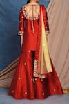 Shop Samyukta Singhania Maroon Silk, Chiffon Zari, Embroidery Bloom Motif Resham Kurta Sharara Set at Aza Fashions Shop_Samyukta Singhania_Maroon Silk, Chiffon Zari, Embroidery Bloom Motif Resham Kurta Sharara Set _at_Aza_Fashions