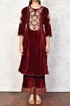 Buy_Samyukta Singhania_Maroon Velvet Embroidery Round Neck Floral Kurta And Palazzo Set _Online_at_Aza_Fashions
