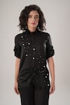 Buy_ATBW_Black Modal, Satin Pearls, Fabric Flowers Collared Designer Shirt _at_Aza_Fashions