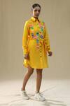 Buy_Arpita Sulakshana_Yellow Chanderi Silk Collared Chaar Baar Handpainted Shirt Dress _at_Aza_Fashions