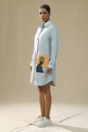 Shop_Arpita Sulakshana_Blue Chanderi Silk Collared Wild Dove Handpainted Shirt Dress _at_Aza_Fashions