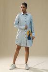 Buy_Arpita Sulakshana_Blue Chanderi Silk Collared Wild Dove Handpainted Shirt Dress _at_Aza_Fashions
