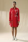 Shop_arpita sulakshana_Red Silk Collared Flame Scarlet Handpainted Shirt Dress _at_Aza_Fashions