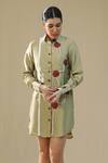 Shop_Arpita Sulakshana_Olive Green Silk Button-down Neck Elm Wood Handpainted Shirt Dress _Online_at_Aza_Fashions