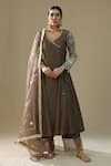 Buy_arpita sulakshana_Brown Chanderi Silk, Organza Embroidery, Sequins V-neck Mocha Angrakha Suit Set _at_Aza_Fashions