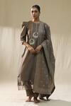 Buy_arpita sulakshana_Brown Chanderi Silk, Lurex Embroidery Round Mocha Bali Kurta Pant Dupatta Set _at_Aza_Fashions