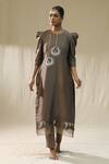 arpita sulakshana_Brown Chanderi Silk, Lurex Embroidery Round Mocha Bali Kurta Pant Dupatta Set _Online_at_Aza_Fashions