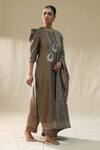 Shop_arpita sulakshana_Brown Chanderi Silk, Lurex Embroidery Round Mocha Bali Kurta Pant Dupatta Set _at_Aza_Fashions
