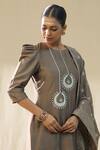 arpita sulakshana_Brown Chanderi Silk, Lurex Embroidery Round Mocha Bali Kurta Pant Dupatta Set _at_Aza_Fashions