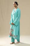 Shop_arpita sulakshana_Blue Silk, Organza Embroidery, Cut Work Split V-neck Sky Handpainted Kurta Set _at_Aza_Fashions