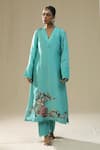 arpita sulakshana_Blue Silk, Organza Embroidery, Cut Work Split V-neck Sky Handpainted Kurta Set _Online_at_Aza_Fashions